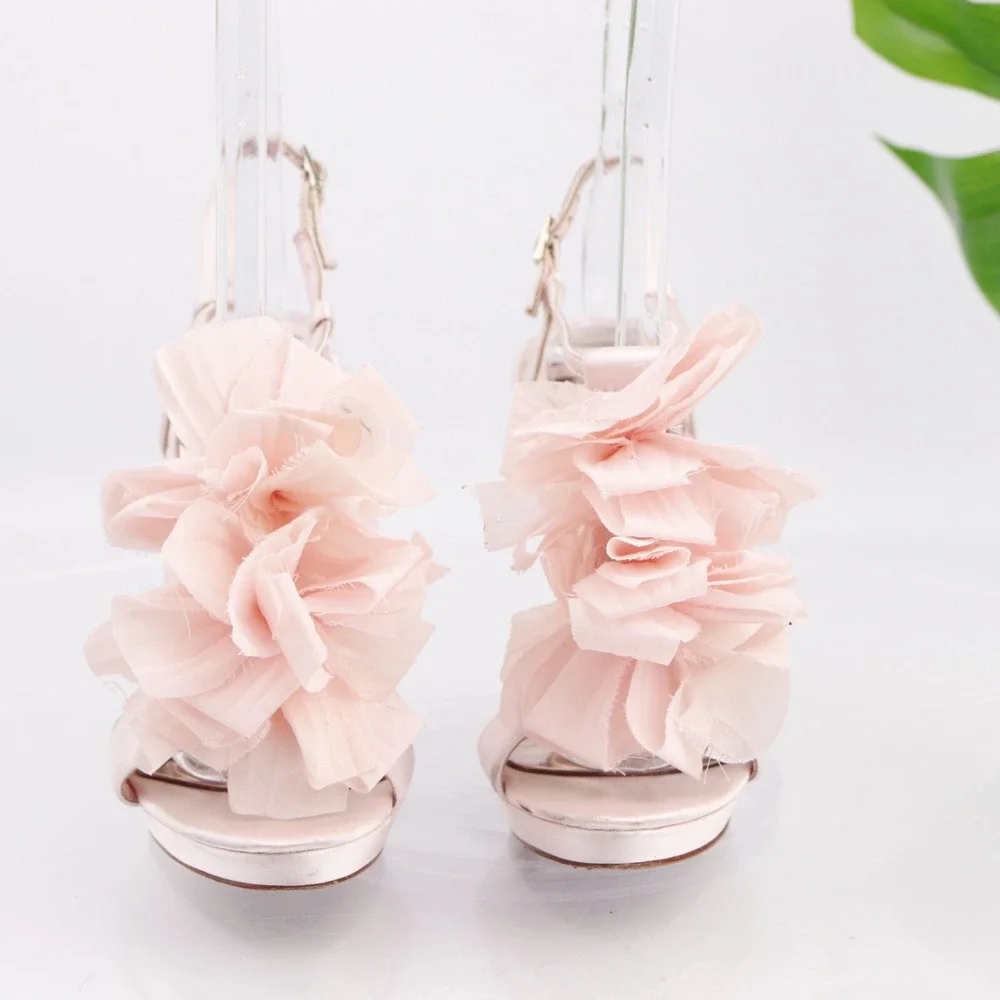Badgley Mischka Womens Sandal Size 5.5 Pink Satin Heels Big Flowers T-Strap Shoe